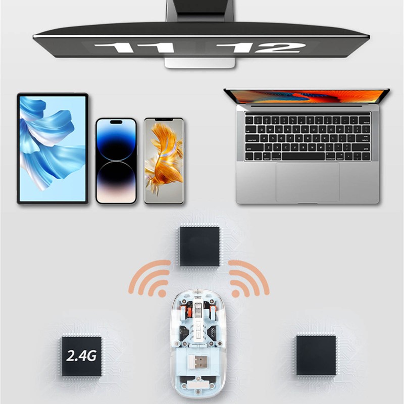 Wireless 2.4G Bluetooth Transparent Mouse 2400 DPI Rechargeable 400mAh RGB