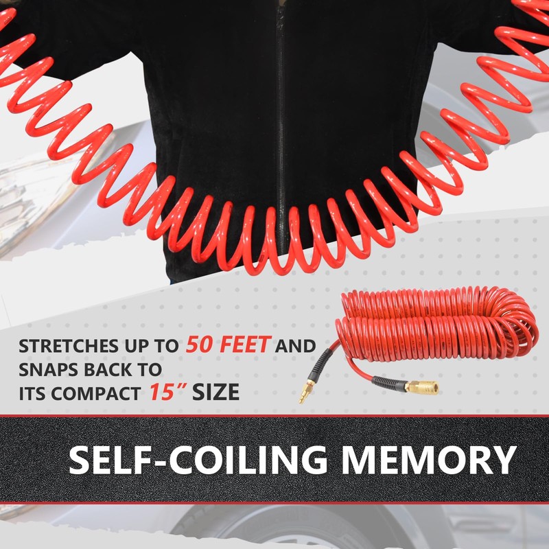 SAFELIFE 50 ft Polyurethane Recoil Air Hose1/4" Inner Diameter, Retractable