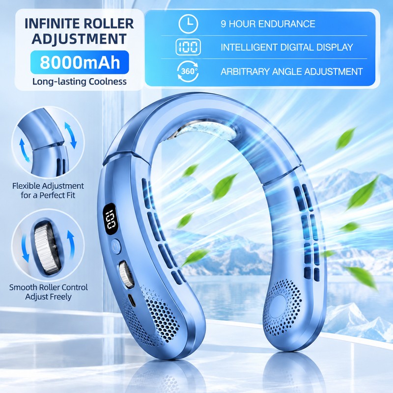 Wearable Neck Fan for Hands-Free Cooling – 8000mAh Rechargeable Design