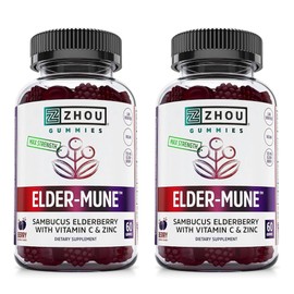 ZHOU Elder-Mune Elderberry Gummies - Black Elderberry, Vitamin C, & Zinc, Daily Immune Support Supplement for Women & Men, Natural Chews for Adults & Children 4 & Up - 60 Gummies (2 Pack)
