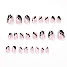 SINHOT Oval Press on Nails 24 pcs Short Round Fake Nails Black Glossy Acrylic Nails Pink Artificial False Nails with White Simple Wave Line Designs for Women and Girls