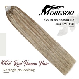 Moresoo Micro Ring Real Hair Extensions 1 g Cold Fusion Micro Ring Extensions Blonde Strands 24 Inches / 60 cm Remy Hair Extensions Real Hair Micro Rings Thick Hair #9A/60 Light Brown with Platinum Blonde, 50 g