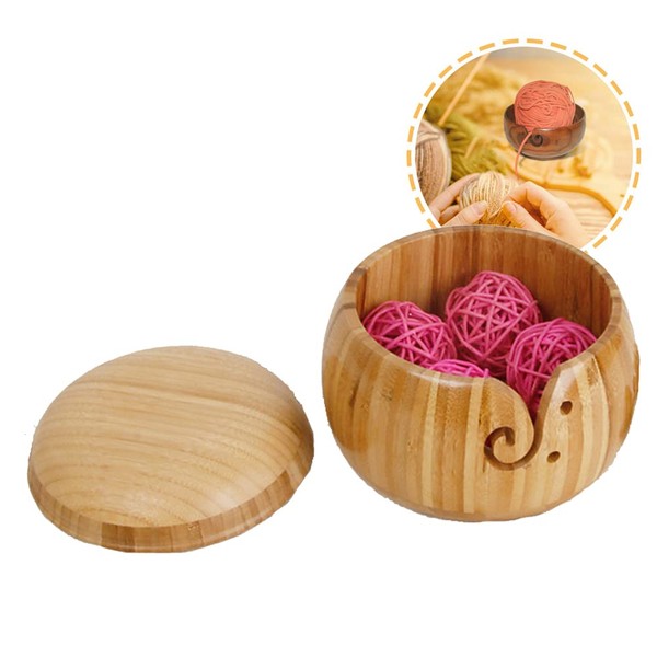 ATB-GIFT Bamboo Yarn Bowl, Yarn Bowl with Lid, Wool Holder, Handmade Woven Thread Bowl for Knitting/Crocheting (15 x 9.5 cm)