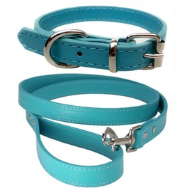 Vibrant Leather Dog Collar & Lead Combo Set for Puppy, Dogs Small, Medium & Large (Medium (28cm - 36cm Neck), Turquoise)