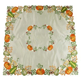 Marina Decoration Vintage Elegant Embroidered Cutwork Kitchen Dining Tablecloth, Thanksgiving Pumpkin and Leaves with Cream Base 36 Inch Square for Small Coffee Tea Table and Nightstand