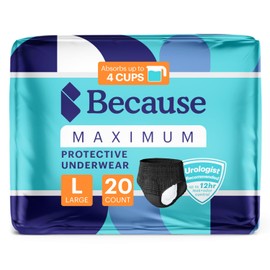Because Premium Maximum Absorbency Adult Incontinence and Postpartum Bladder Leak Underwear for Women, Heavy Absorbency, Disposable, Black, Large, 20 Count