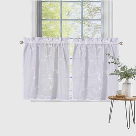 Chlophy Floral Kitchen Curtains Embroidered Flower White Sheer Curtains 24 inch Drop Short Voile Cafe Curtain Farmhouse Tier Curtain Rod Pocket Kitchen Window Curtain
