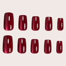 Wine Red Press on Nails Short Square Fake Nails Cat Eye False Nails Press ons Gradient Shiny Glitter Glue on Nail Red Glossy Artificial Nails for Women Manicure Nails Decoration 24pcs