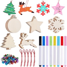 Ywlake 50pcs Unfinished Wood Wooden DIY Hanging Ornaments for Christmas Decorations,5 Styles Wood Slices with Holes for Kids Crafts Centerpieces Holiday Hanging Decorations