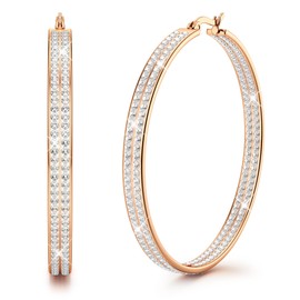 LOLIAS Stainless Steel Large Band Hoop Earrings Women's Rhinestone Silver Tone Hypoallergenic Earrings CZ 50 mm, Stainless Steel