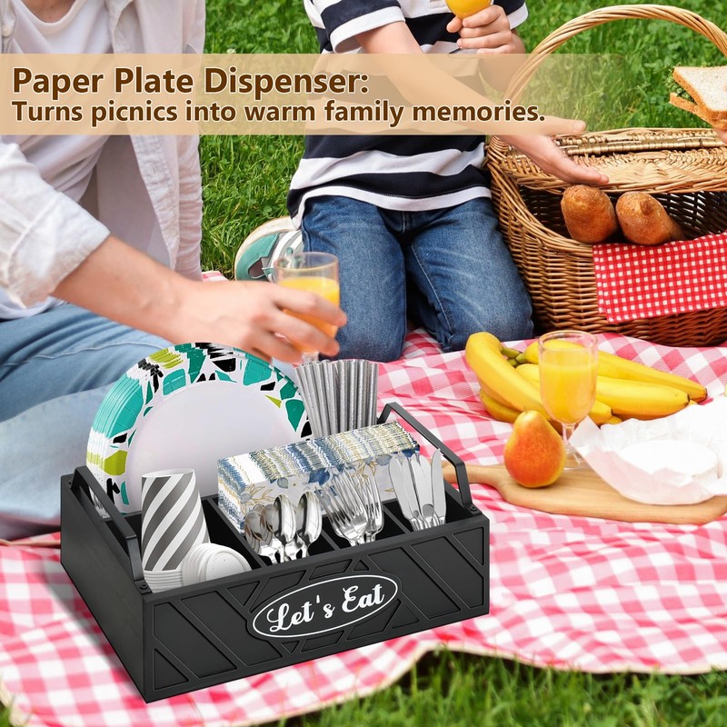 VOOTTOU Paper Plate Dispenser, Wood Paper Plate Holder with Handle