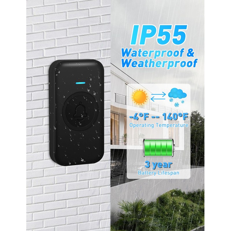 FOVKSUC Wireless Doorbell, Waterproof Door Bell Kit with 60 Chimes