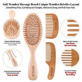 KEPCSIN Wooden Hair Brush and Mini Wood Comb Set, All One Solid Piece, Natural Portable Wood Bristle Hairbrush and Small Travel Styling Comb for Women Men and Kids Hair Detangling Smoothing Massaging