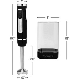 OVENTE Cordless Immersion Hand Blender, Rechargeable Handheld Portable Stick Mixer with 8 Mixing Speed Option, One-Touch Control and Stainless Steel Blades for Smoothies, Shakes or Soups, Black HR781B