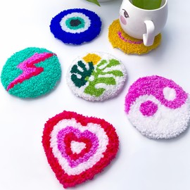 YEESAM ART Punch Needle Kit with Evil Eye Flowers Yin Yang Set of 6 Patterns, Full Set DIY Punch Needle Tufting Coaster Yarn Rug Embroidery Set with Hoop Tool, Easy Craft for Adults Beginners