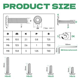 Pack of 20 Flat Head Screws M8 x 16 Torx M8 Screws Stainless Steel Pan Head Screws M8 A2 V2A Countersunk Screws M8 Full Thread Machine Screws with Torx Key