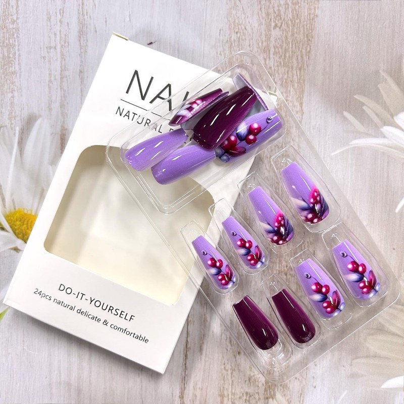 CJDLTS 24Pcs Purple Press on Nails Medium Length Fruit Pattern