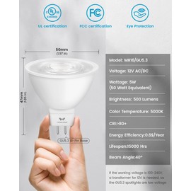 WOWLUMEN MR16 LED Bulbs, 5W LED Light Bulb(50W Equivalent), 5000K Daylight, 500 Lumens, Dimmable, GU5.3 Bi-Pin Base, Energy Saving, 40°Beam Angle,15,000 Hour Lifetime,6 Packs-UL Listed
