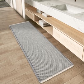 Upgraded Waffle Runner Rug Super Absorbent Non Slip Bath Mats for Bathroom Machine Washable Bathroom Runner Rug with Tassels, Ideal for Hallway Bedroom Laundry Room, 17" x 48", LightGrey & Cream