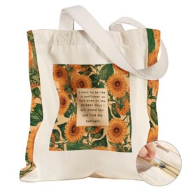 Miss Adola Large Canvas Tote Bag for Women - with Zipper and Inner Pocket Aesthetic Cute Shoulder Bag Reusable Grocery Shopping Bags Cotton Tote Bag for Gym Daily Travel, Sunflower Text