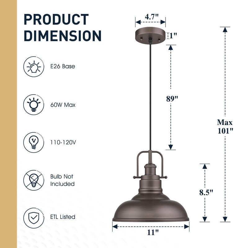zeyu Farmhouse Pendant Light, 1-Light Industrial Hanging Light Fixture 11-inch,
