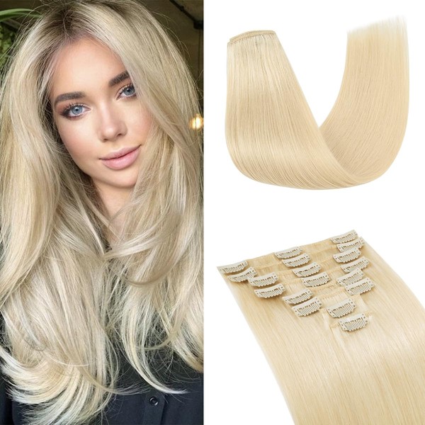 S-noilite Hair Extensions Real Hair 8 Pieces 18 Clips Remy Human Hair Straight Human Hair Extensions with Natural Clips Human Hair Extensions (20cm-45g, 613 White Blonde)