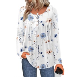 Zeagoo Women's 2025 Scooped Neck Long Sleeve T Shirts Pleated Casual Loose Fit Floral Tunic Dressy Blouse for Work
