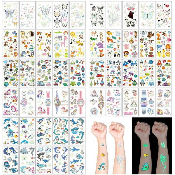 50 Sheets 650 Pieces Temporary Luminous Tattoos Stickers, DaKuan Space/Shark/Animals/Butterflies