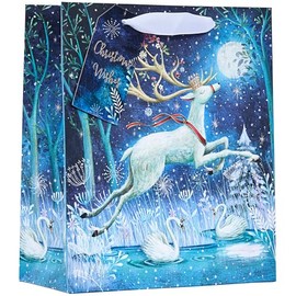 Design By Violet Christmas Wishes Whimsical White Stag Design Gift Bag with Gift Tag - White/Blue - Medium - Gift Bag for Christmas, Gift Wrap, Christmas Wrapping Paper, Xmas, Festive Gift Bag
