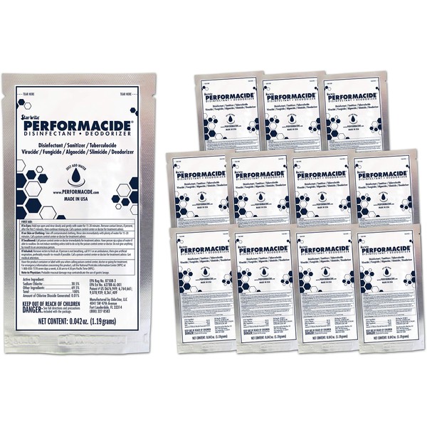 Performacide 12 Pack 1.19 Gram Pouches - Disinfectant, Sanitizer, Fungicide & Deodorizer - Just Add Water - No Rinse, No Wipe, No Residue - EPA Registered