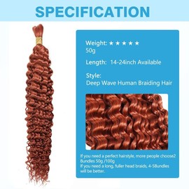 Dark Ginger Human Braiding Hair Deep Water Wave Bulk Human Hair 50g 24 Inch Color 350 Curly Human Hair for Boho Braids Hair Extensions No Weft 1 Braids Per Pack Wet and Wavy
