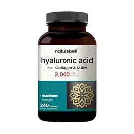 NatureBell Ácido Hialurónico 2,000mg con Colágeno y MSM - 240 Cápsulas - Hidratación de la piel, cabello, uñas y soporte articular - Fórmula soluble e