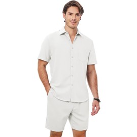 Dokotoo Men Men's Vacation Outfit Summer Short Sleeve Sets for Men Solid Linen Beach Outfits Casual Cuban Button Down Shirts Drawstring Shorts with Pockets White XX-Large