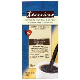 Teeccino Dandelion Herbal Coffee Alternative - Mocha - Organic Dandelion Root, Prebiotic, Caffeine Free, Gluten Free, Acid Free, Ground Coffee Substitute, Medium Roast, 10 ounce