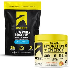 Ascent Ascent 100% Whey Protein Powder, Unflavored 2 lb & Hydration + Energy Electrolytes, Orange Mango 40 Servings