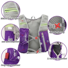 Sahunfri Running Vest with Water Bottles ,Reflective Running Backpack with Phone Holder,Large Capacity,Running Hydration Bag Vests for Women Men (Purple)