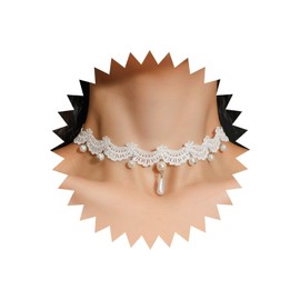 Inateannal Vintage White Lace Choker Necklace Beads Lace Tassel Necklace White Wide Lace Necklace Gothic Lace Collar Necklace Drop Beads Necklace Jewellery for Women and Girls, Zinc