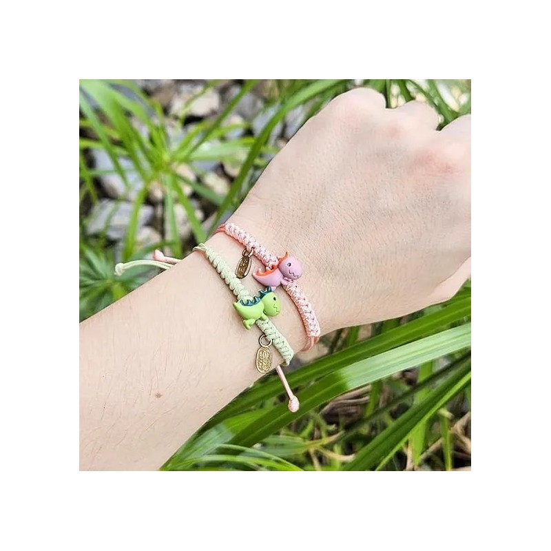 Set 2 Pulseras Ajustables Dinosaurios Verde Rosa Pareja Amistad