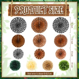 Outus 21 Pcs Jungle Safari Party Decorations Safari Theme Hanging Decoration Animal Print Hanging Paper Fans Green Tissue Paper Pom Poms Jungle Supplies for Wild Birthday Baby Shower Party Supplies