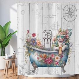 ASDCXZ Funny Shower Curtain 180 x 180 cm, Vintage Wooden Maritime Background, Funny Cat Flowers Leaves Washable Bathroom Shower Curtains Polyester Textile Waterproof Shower Curtain for Bathtub with 12