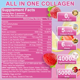 Multi Collagen Peptides Gummies, Type I, II, III, V, X - Hydrolyzed Collagen Peptides with Biotin, Hyaluronic Acid, Supports Healthy Skin, Strong Nails & Thick Hair, 60 Count, 1 Pack