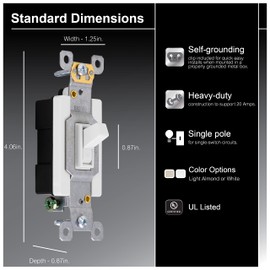 GE Heavy-Duty, Single Pole, in-Wall, Light, Fan, One Switch Circuits, Self-grounding Clip, Easy to Install, 20A/120V AC, UL Listed, White, 42160
