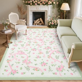 GarveeHome Coquette Green Rugs for Bedroom Girls, 5x7 Area Rugs for Living Room with Soft Low Pile, Non Slip Floral Bow Washable Rug 5x7 for Nursery Kids Playroom Dining Room College Dorm Rug