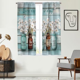 EOVDSFW Teal Window Curtains Vintage Turquoise Aqua Farmhouse Floral Flower Retro Wildflower Country Pretty Natural Drapes 2 Panels Rustic Wooden for Living Room Bedroom Daisy Decor 42 x 63 Inch