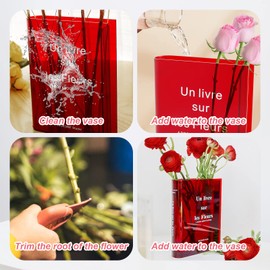 Clear Book Flower Vase, 2023 New Acrylic Vase for Flowers, Creative Clear Book Vases Table Decorations Centrepiece, Minimalist Books Shape Vase Desk Bookshelf Home Decor Gifts for Friends(Dark red)