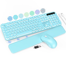Wireless Keyboard and Mouse Backlit - Typewriter Keyboard with Retro Round Keycaps, Detachable Wrist Rest, Light Up Letters, 2.4G Rechargeable Combo for Mac, Windows, PC, Laptop, Trueque (Aqua Blue)