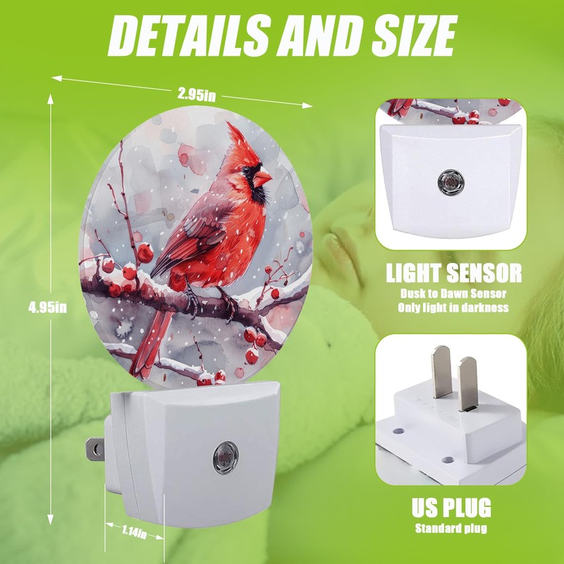 Cosharkly Red Cardinal Bird Night Light,Chrismas Snow Night Lights Plug