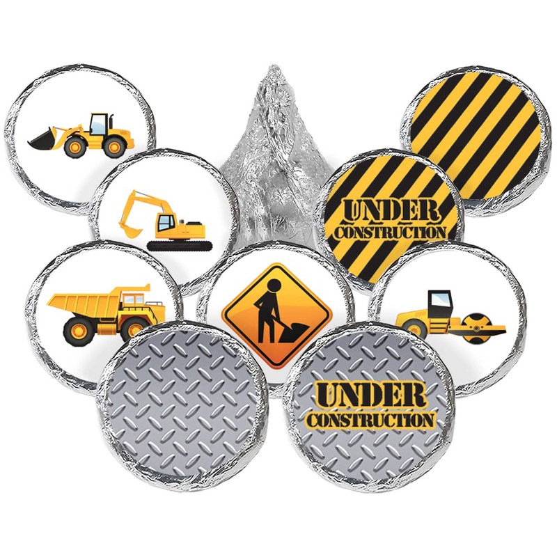 Under Construction Party Favor Stickers, Construction Birthday Chocolate Kisses Candy