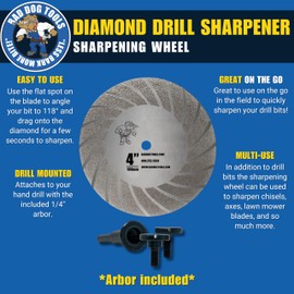Bad Dog Diamond Drill Sharpener: 4” Diamond-Coated Wheel Drill Attachment with Arbor. Use to Sharpen Bad Dog Drill Bits & More.