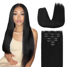 Lashey Clip in Hair Extensions Human Hair, 7pcs 120g #1 Jet Black Hair, Long Straight Hair Extensions Real Human Hair Clip Ins 24 Inch Clip in Hair Extensions Remy Hair for Black Women